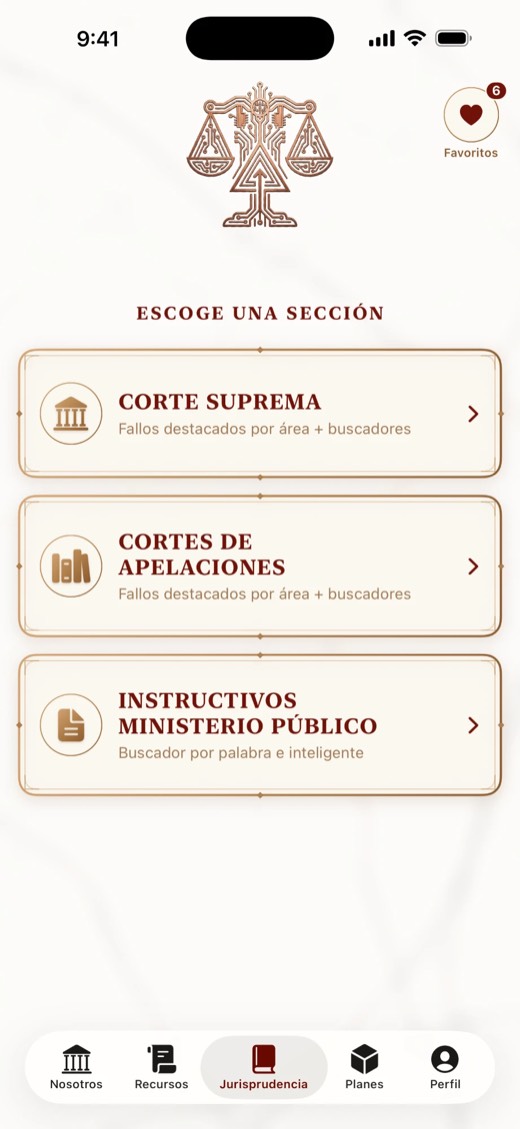Menú de Jurisprudencia de Litis Pro con tres secciones: Corte Suprema, Cortes de Apelaciones e Instructivos del Ministerio Público